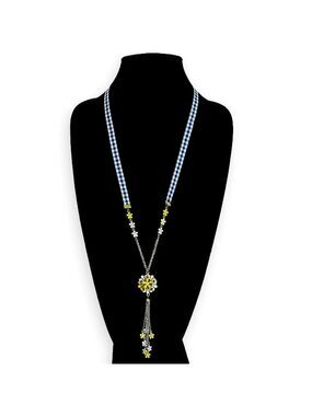 TALBOTS | Blue Gingham w/ Yellow & White Daisy 🌼 Chain Lariat Necklace | NWOT